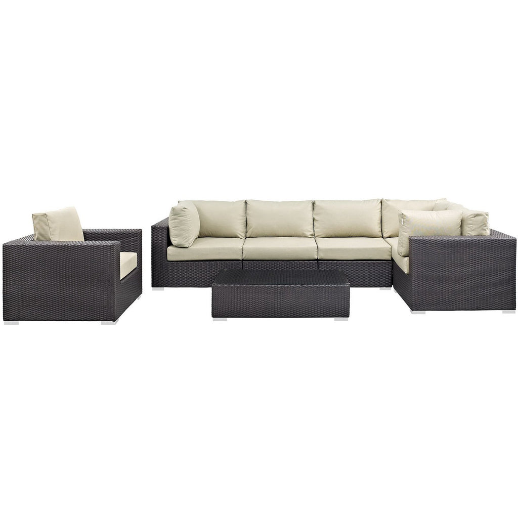 Convene 7 Piece Outdoor Patio Sectional Set - Espresso Beige (Armchair, 2 Armless, Coffee Table, 3 Corners)
