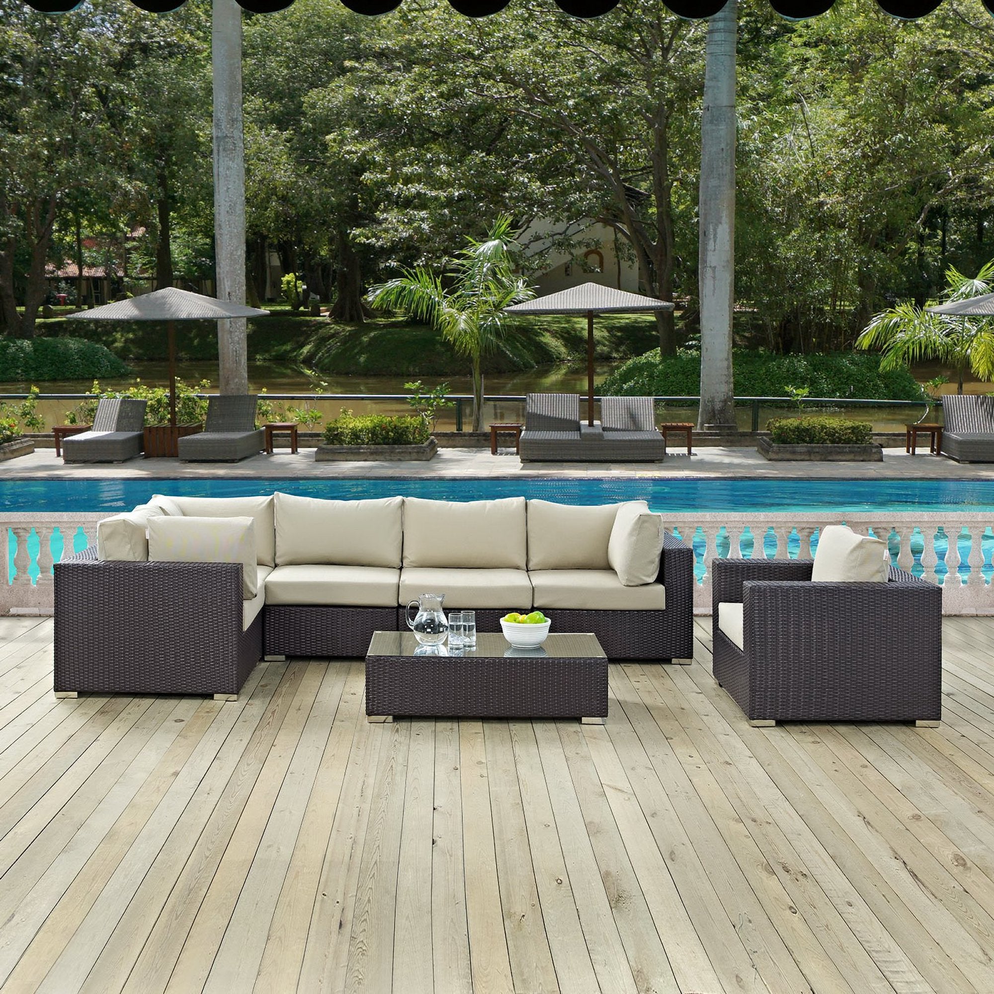 Convene 7 Piece Outdoor Patio Sectional Set - Espresso Beige (Armchair, 2 Armless, Coffee Table, 3 Corners)