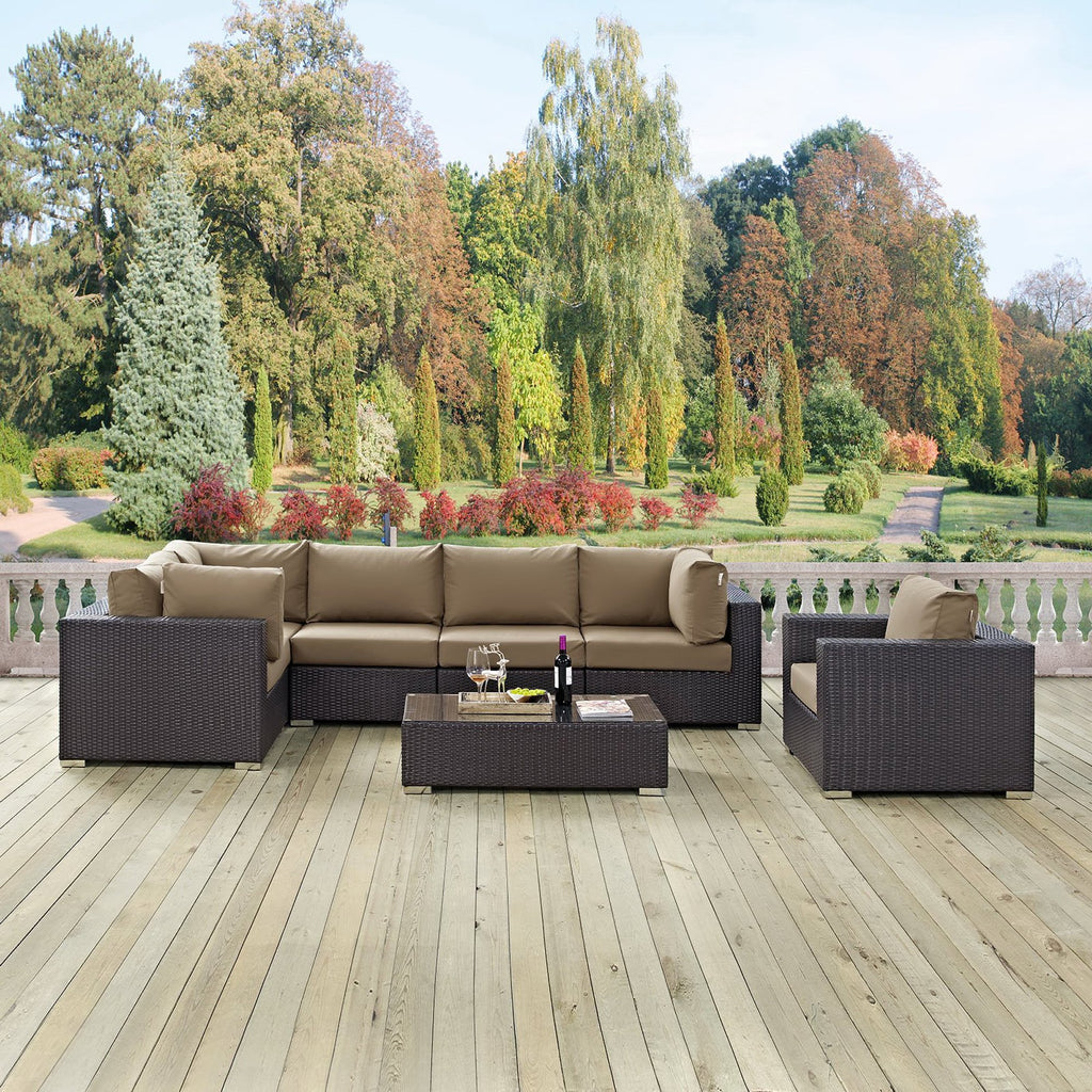 Convene 7 Piece Outdoor Patio Sectional Set - Espresso Mocha (Armchair, 2 Armless, Coffee Table, 3 Corners)