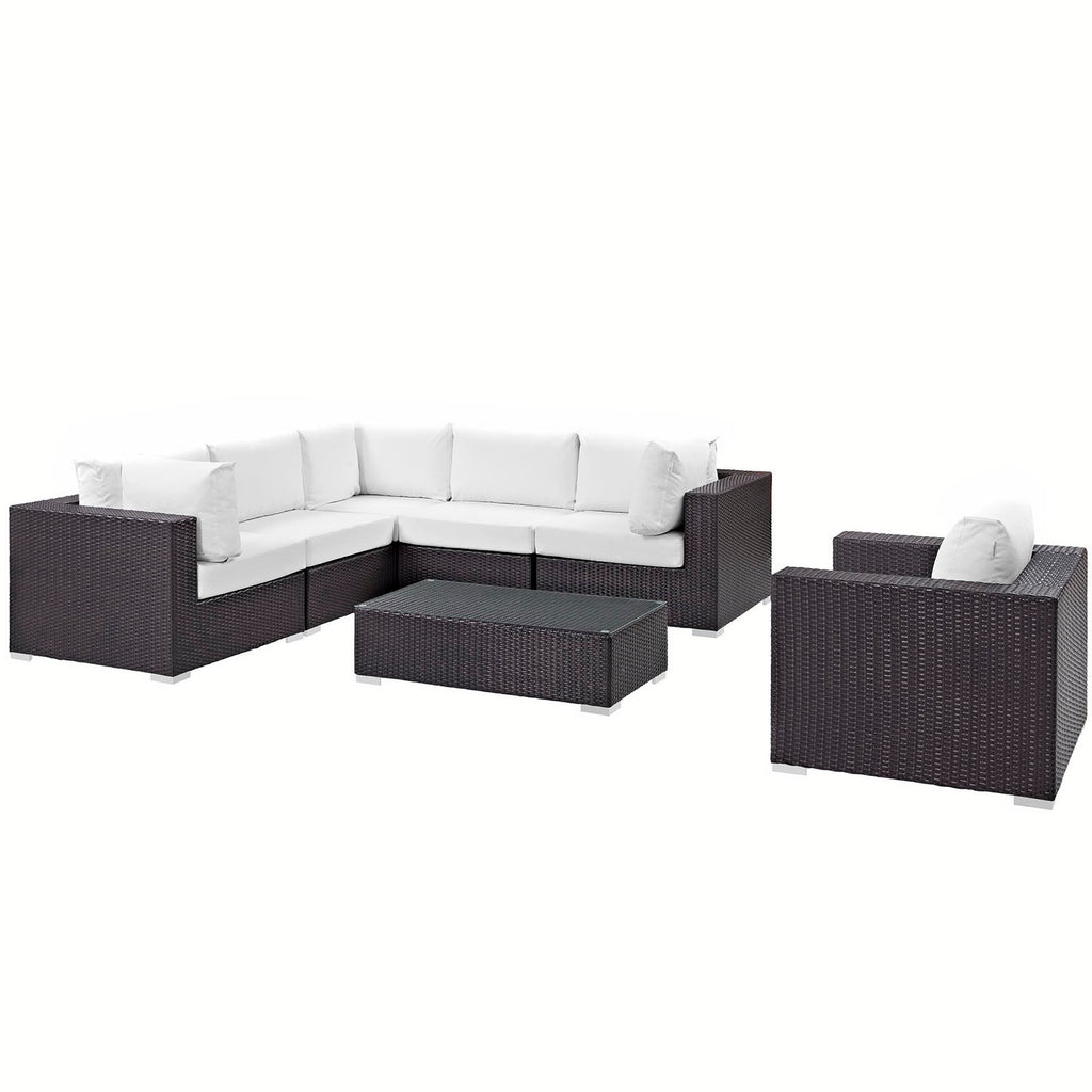 Convene 7 Piece Outdoor Patio Sectional Set - Espresso White (Armchair, 2 Armless, Coffee Table, 3 Corners)