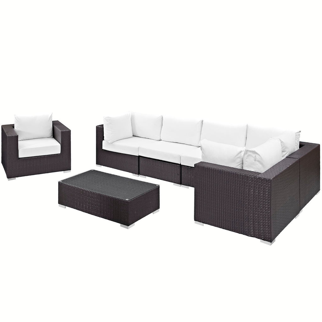 Convene 7 Piece Outdoor Patio Sectional Set - Espresso White (Armchair, 2 Armless, Coffee Table, 3 Corners)
