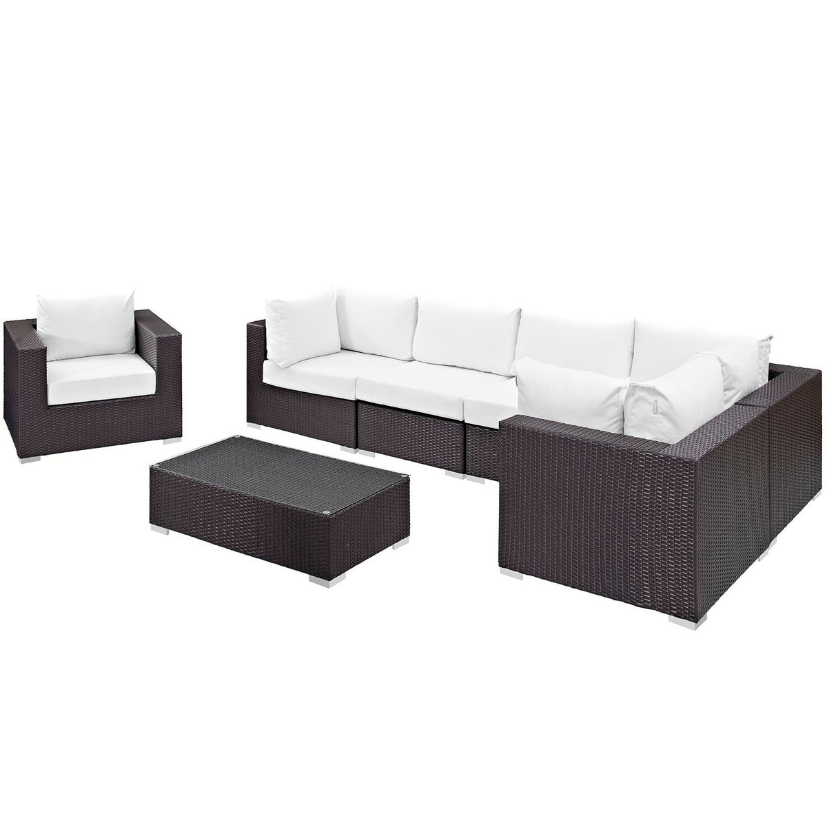 Convene 7 Piece Outdoor Patio Sectional Set - Espresso White (Armchair, 2 Armless, Coffee Table, 3 Corners)