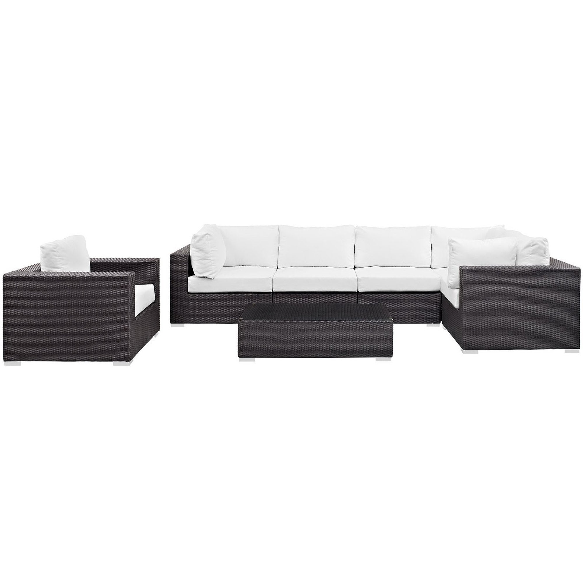 Convene 7 Piece Outdoor Patio Sectional Set - Espresso White (Armchair, 2 Armless, Coffee Table, 3 Corners)