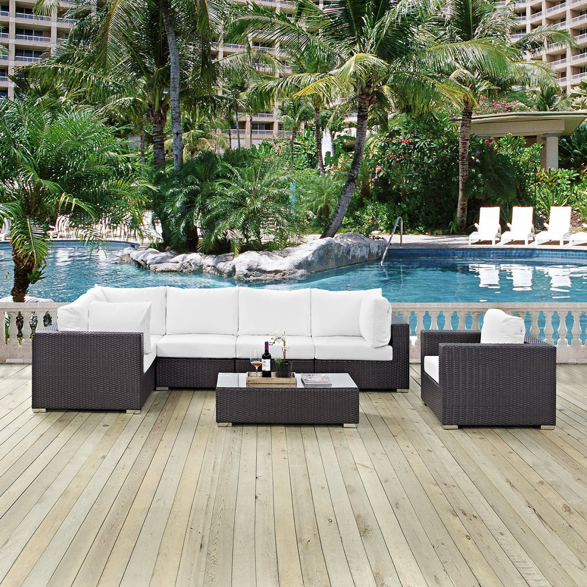 Convene 7 Piece Outdoor Patio Sectional Set - Espresso White (Armchair, 2 Armless, Coffee Table, 3 Corners)