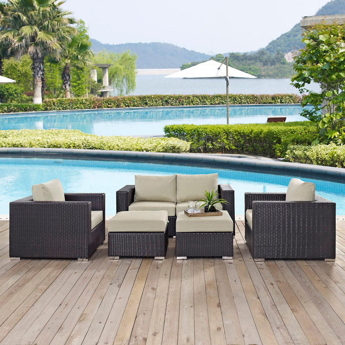 Convene 5 Piece Outdoor Patio Sofa Set - Espresso Beige