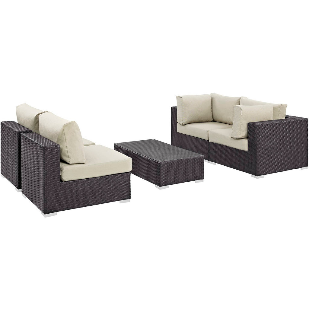 Convene 5 Piece Outdoor Patio Sectional Set - Espresso Beige (2 Armless, Coffee Table, 2 Corners)
