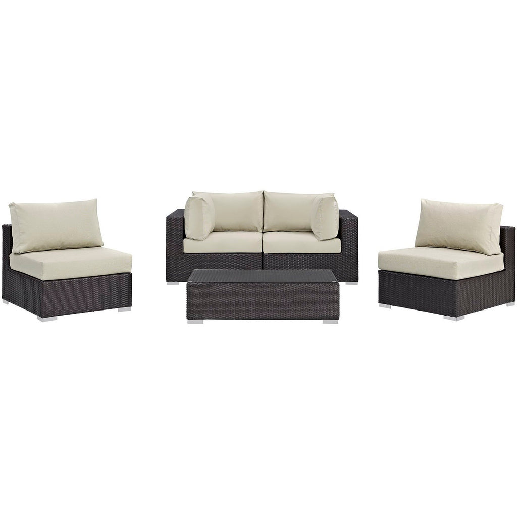 Convene 5 Piece Outdoor Patio Sectional Set - Espresso Beige (2 Armless, Coffee Table, 2 Corners)