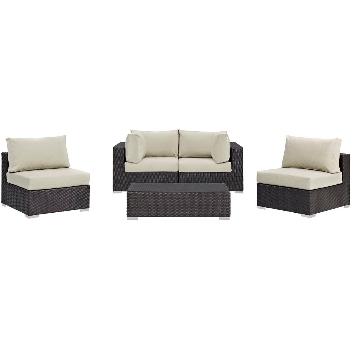 Convene 5 Piece Outdoor Patio Sectional Set - Espresso Beige (2 Armless, Coffee Table, 2 Corners)