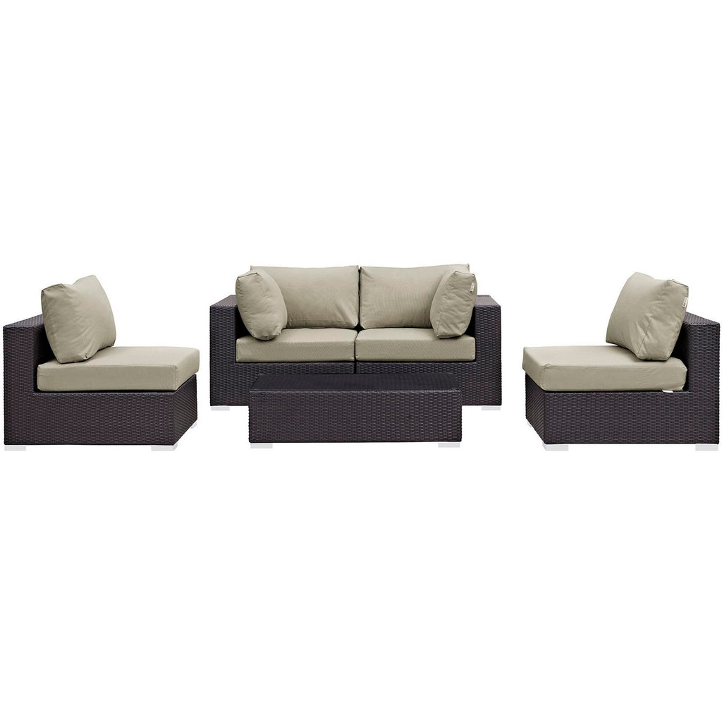 Convene 5 Piece Outdoor Patio Sectional Set - Espresso Beige (2 Armless, Coffee Table, 2 Corners)
