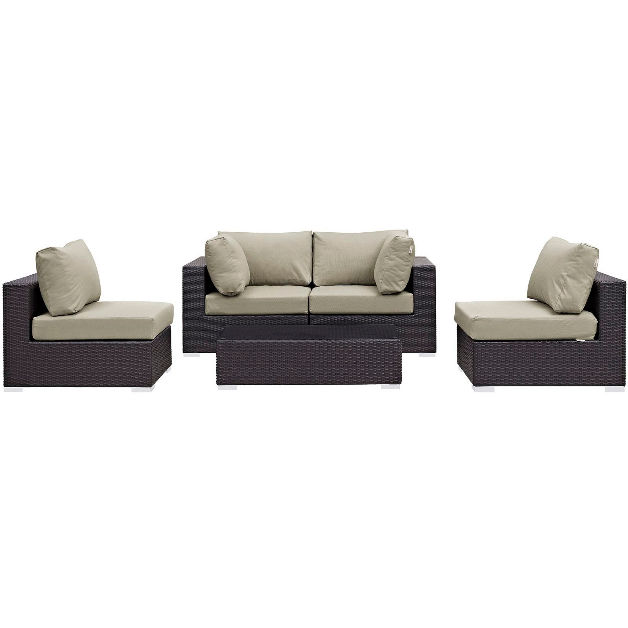 Convene 5 Piece Outdoor Patio Sectional Set - Espresso Beige (2 Armless, Coffee Table, 2 Corners)