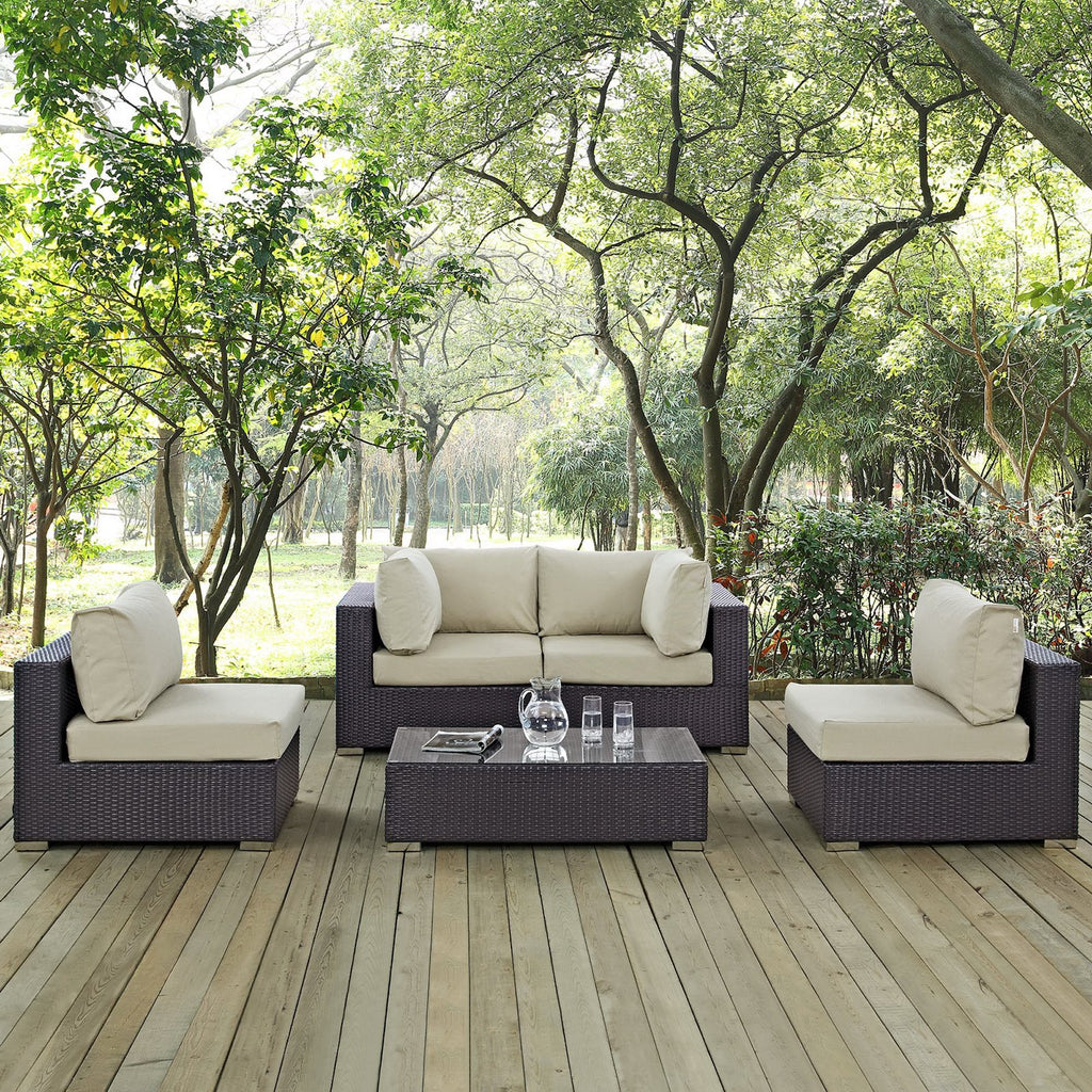 Convene 5 Piece Outdoor Patio Sectional Set - Espresso Beige (2 Armless, Coffee Table, 2 Corners)