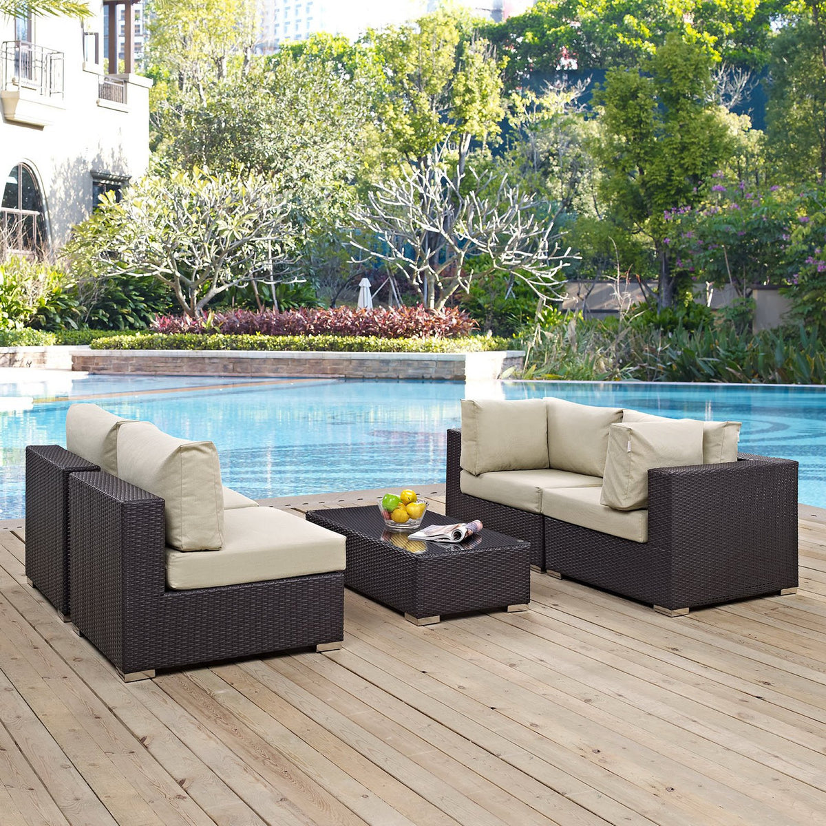 Convene 5 Piece Outdoor Patio Sectional Set - Espresso Beige (2 Armless, Coffee Table, 2 Corners)