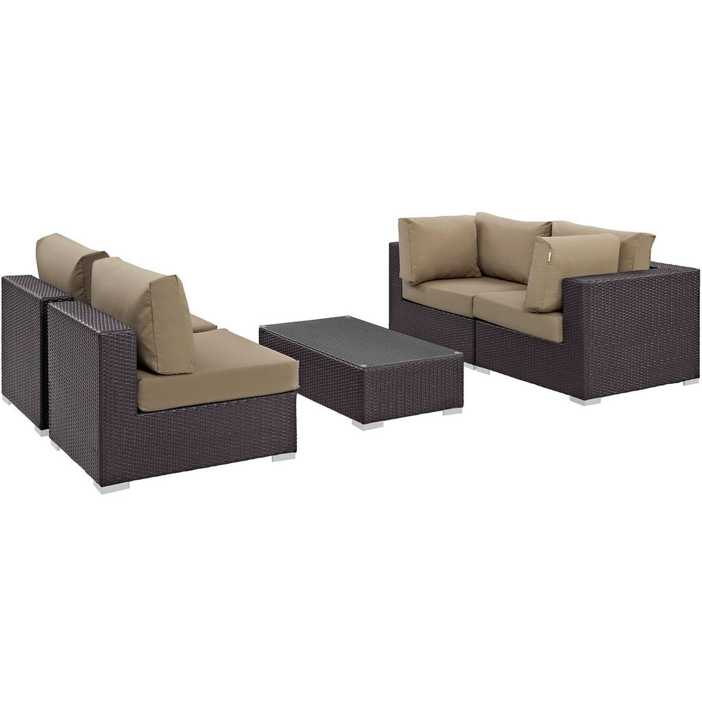 Convene 5 Piece Outdoor Patio Sectional Set - Espresso Mocha (2 Armless, Coffee Table, 2 Corners)