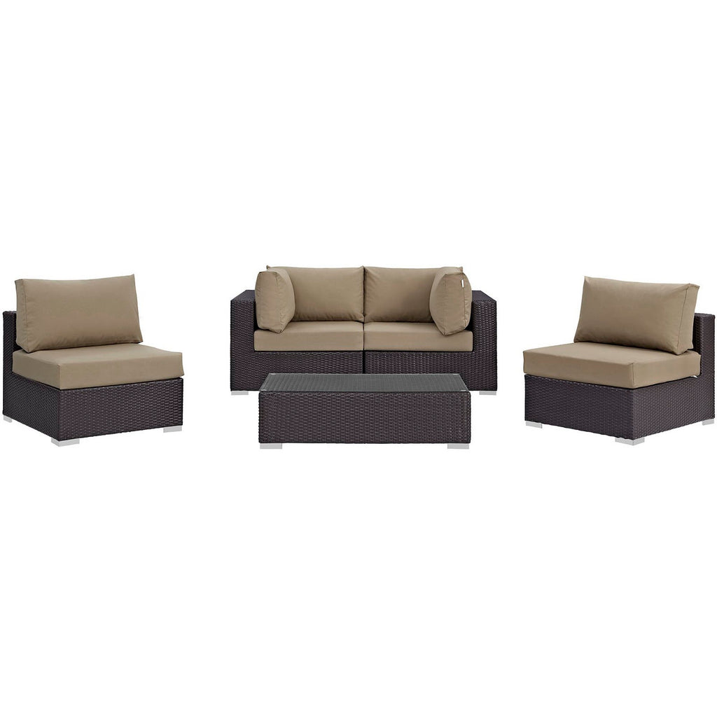 Convene 5 Piece Outdoor Patio Sectional Set - Espresso Mocha (2 Armless, Coffee Table, 2 Corners)