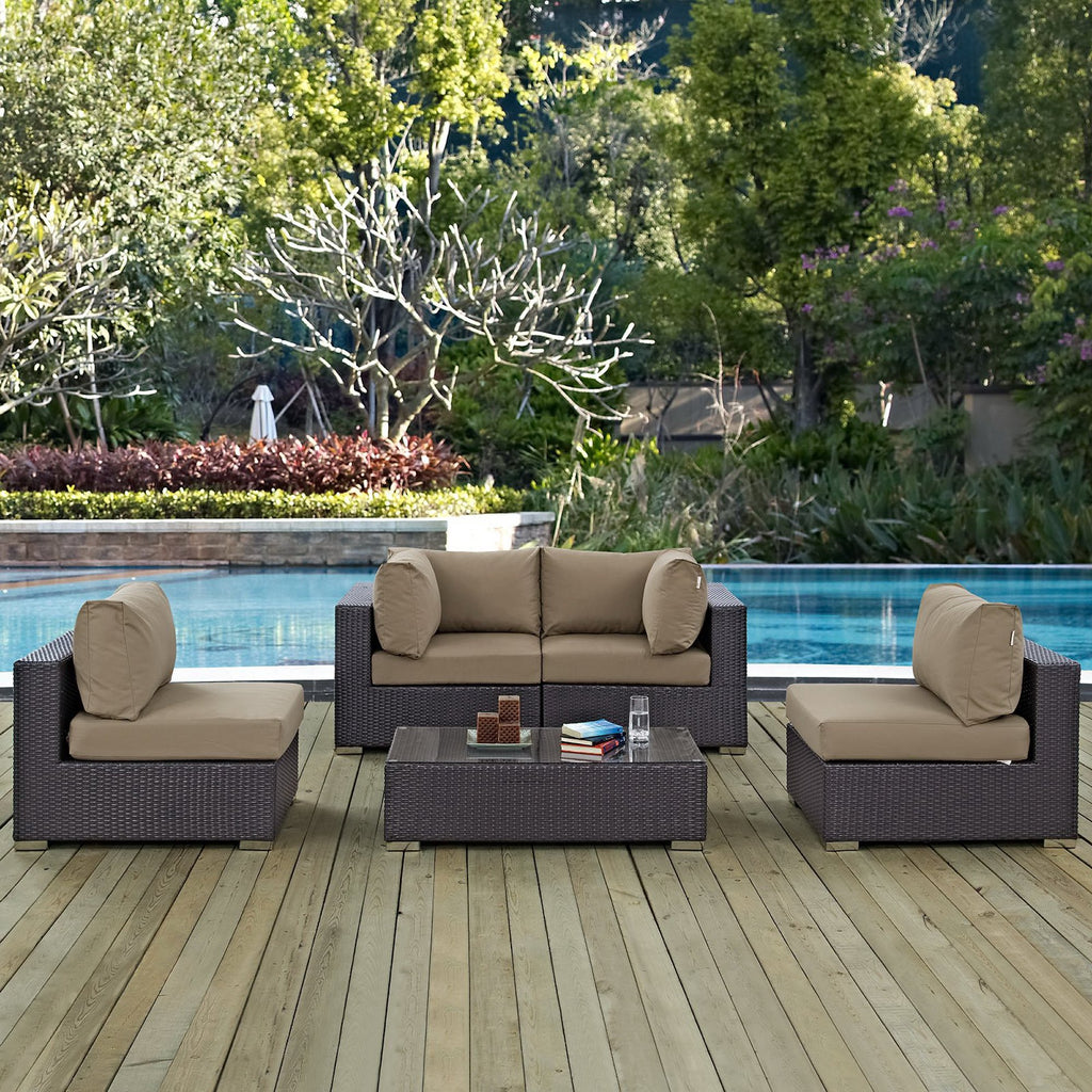 Convene 5 Piece Outdoor Patio Sectional Set - Espresso Mocha (2 Armless, Coffee Table, 2 Corners)