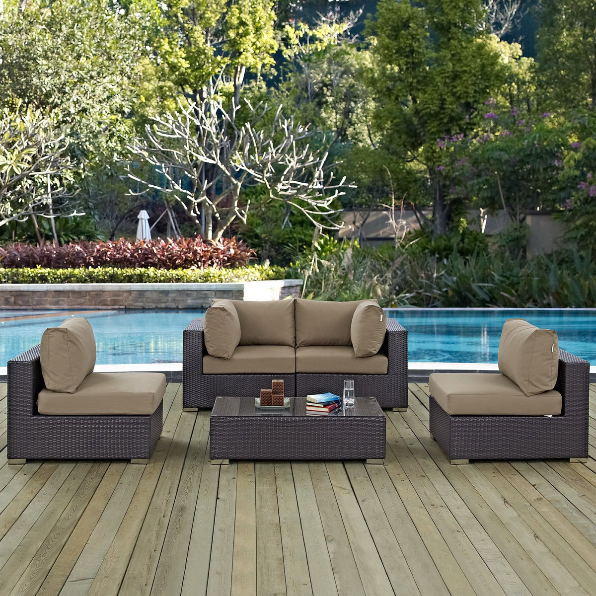 Convene 5 Piece Outdoor Patio Sectional Set - Espresso Mocha (2 Armless, Coffee Table, 2 Corners)