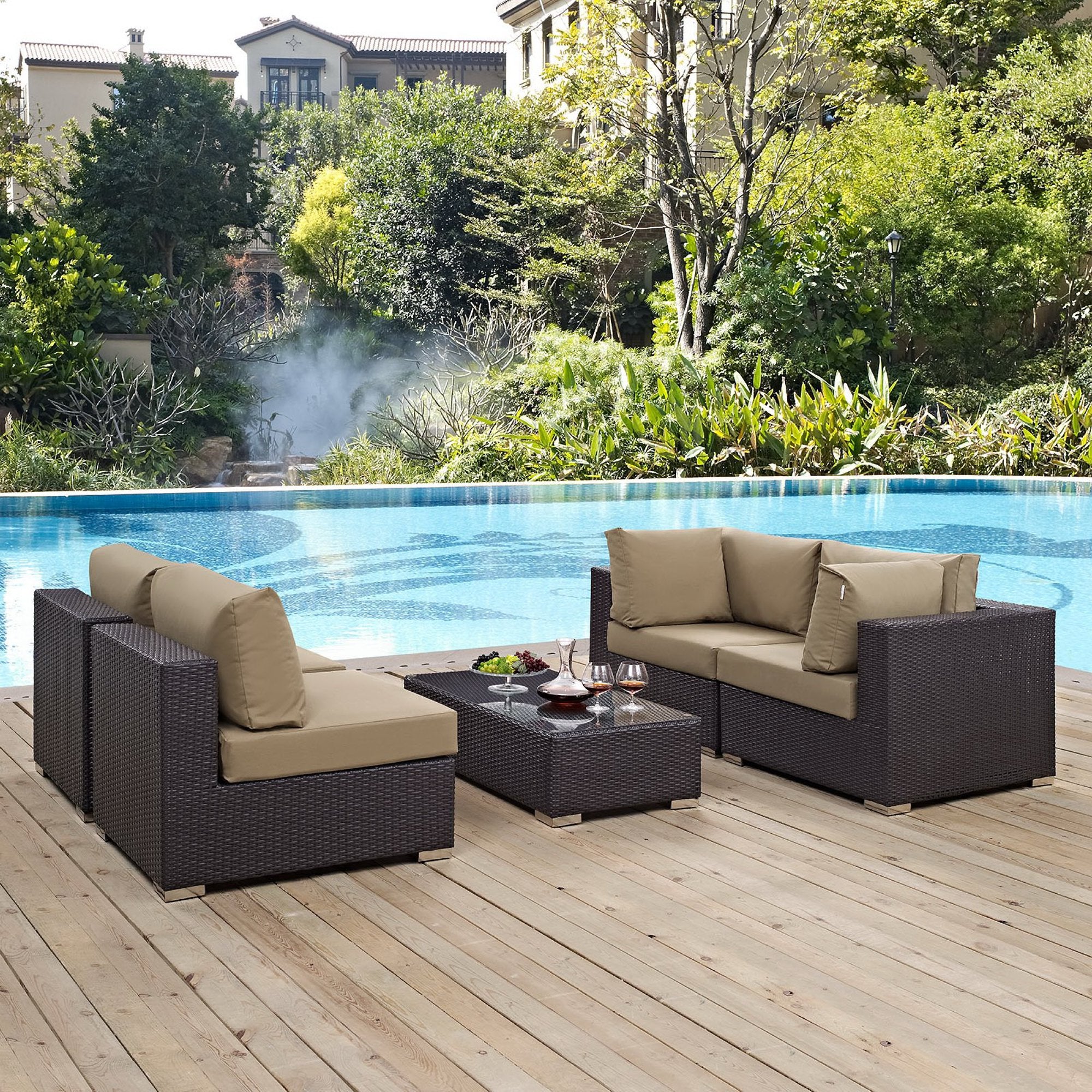 Convene 5 Piece Outdoor Patio Sectional Set - Espresso Mocha (2 Armless, Coffee Table, 2 Corners)