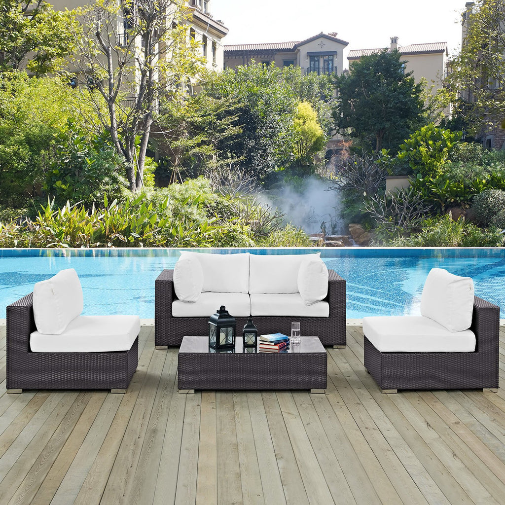 Convene 5 Piece Outdoor Patio Sectional Set - Espresso White (2 Armless, Coffee Table, 2 Corners)
