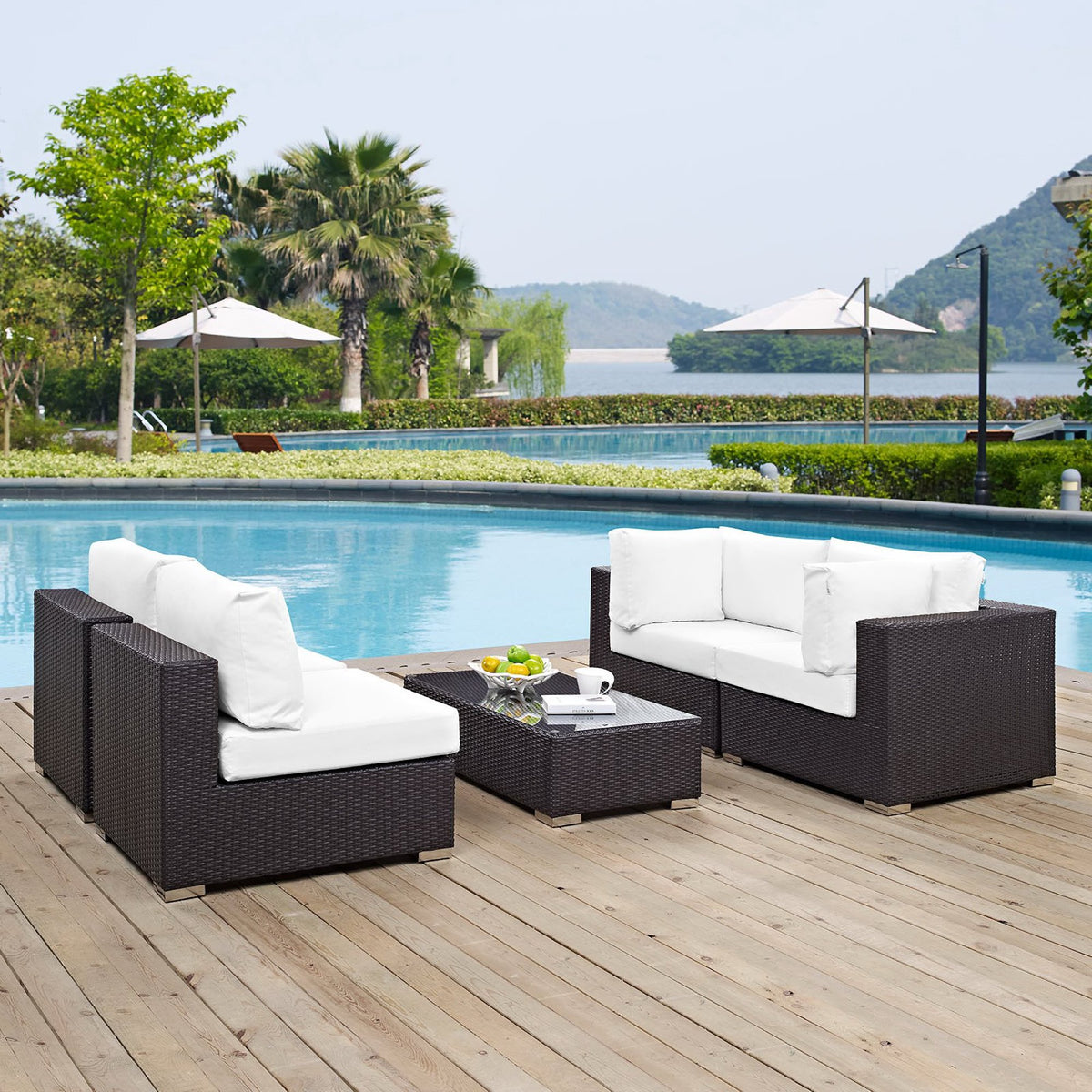Convene 5 Piece Outdoor Patio Sectional Set - Espresso White (2 Armless, Coffee Table, 2 Corners)