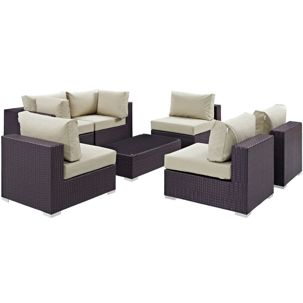 Convene 7 Piece Outdoor Patio Sectional Set - Espresso Beige (4 Armless, Coffee Table, 2 Corners)