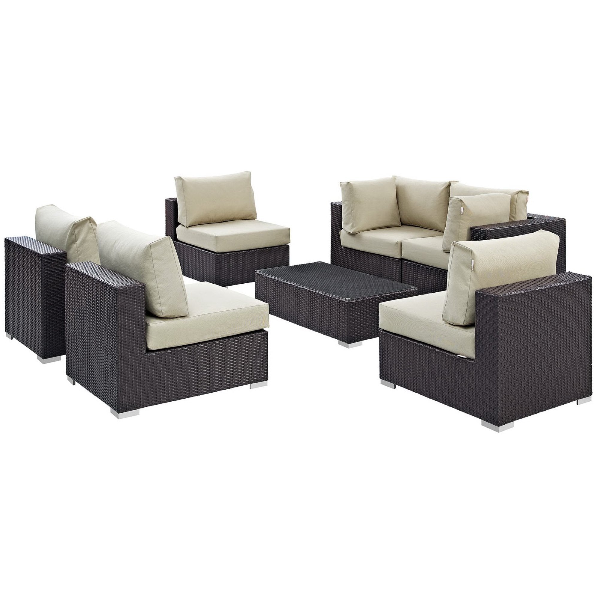Convene 7 Piece Outdoor Patio Sectional Set - Espresso Beige (4 Armless, Coffee Table, 2 Corners)