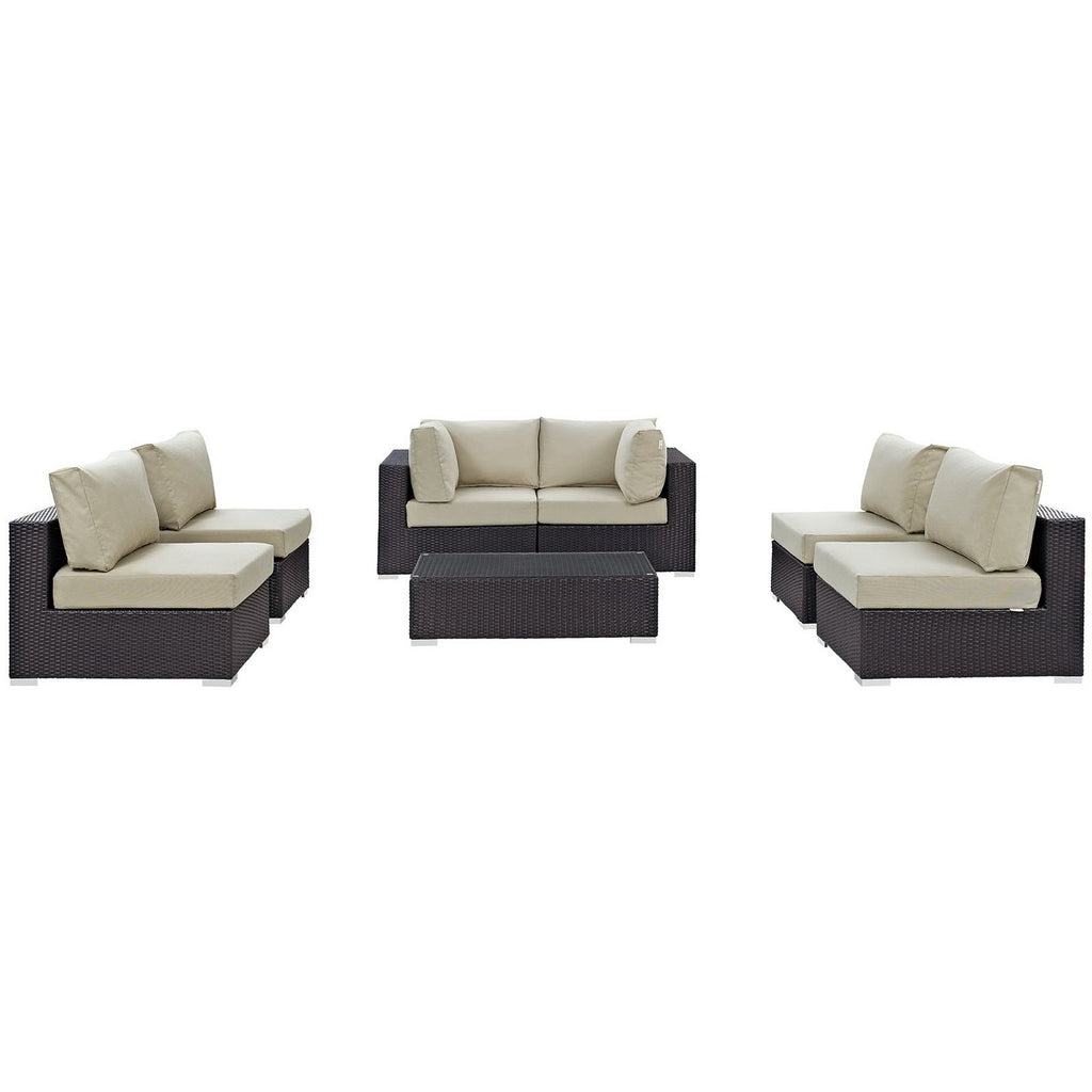 Convene 7 Piece Outdoor Patio Sectional Set - Espresso Beige (4 Armless, Coffee Table, 2 Corners)