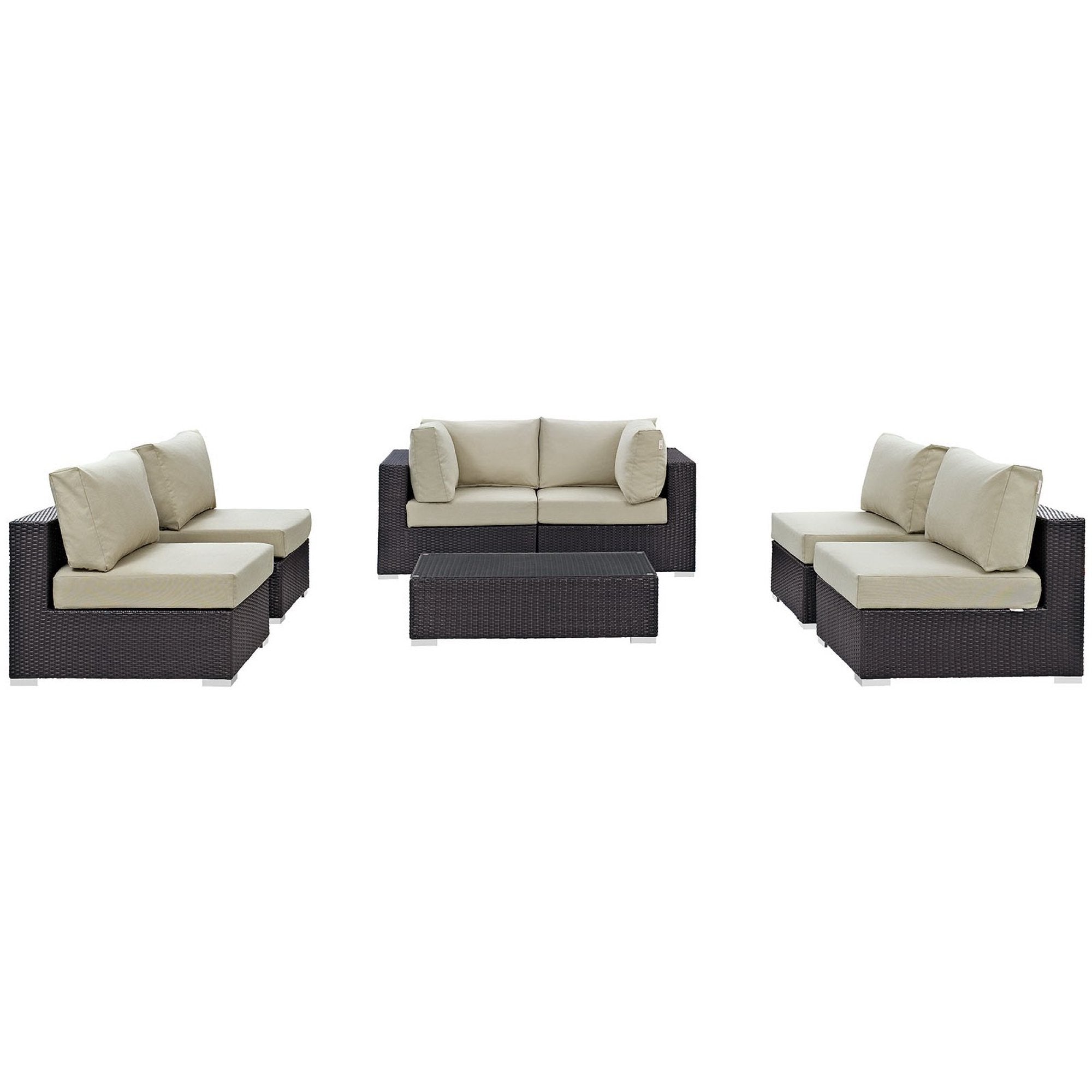 Convene 7 Piece Outdoor Patio Sectional Set - Espresso Beige (4 Armless, Coffee Table, 2 Corners)