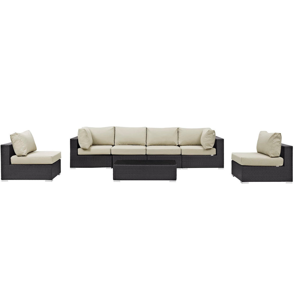 Convene 7 Piece Outdoor Patio Sectional Set - Espresso Beige (4 Armless, Coffee Table, 2 Corners)