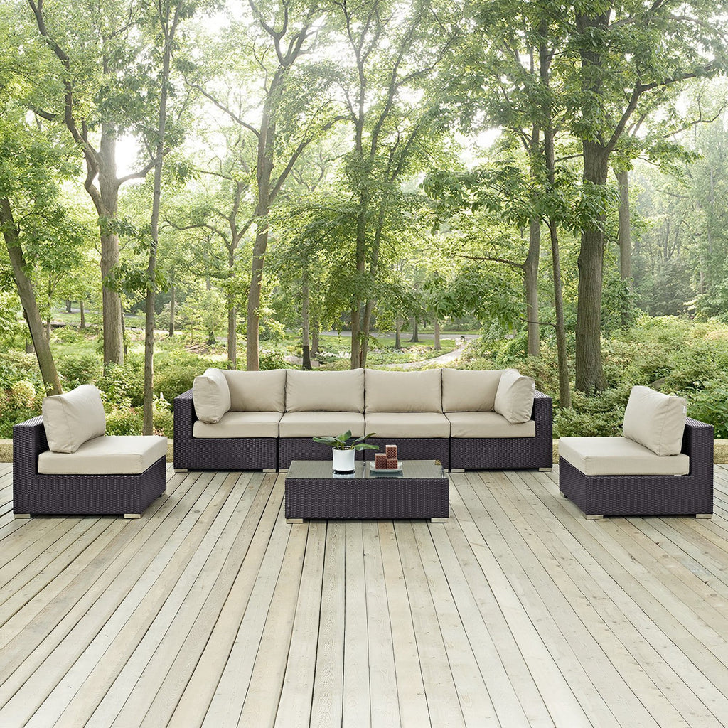 Convene 7 Piece Outdoor Patio Sectional Set - Espresso Beige (4 Armless, Coffee Table, 2 Corners)