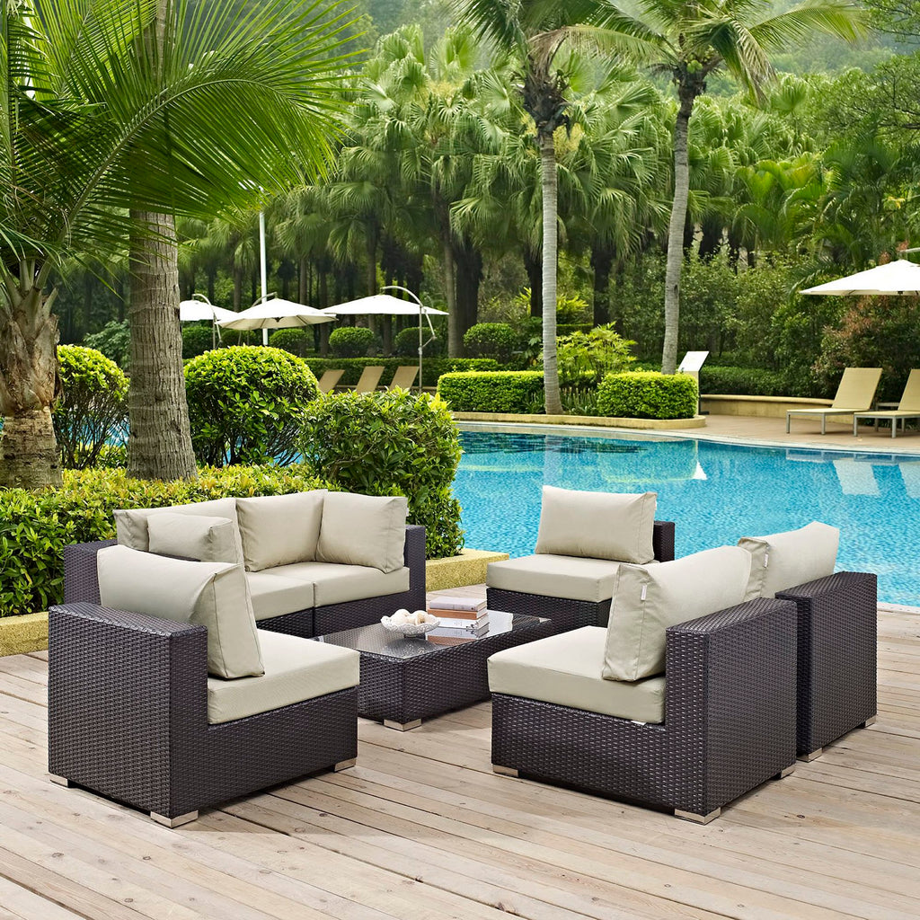 Convene 7 Piece Outdoor Patio Sectional Set - Espresso Beige (4 Armless, Coffee Table, 2 Corners)