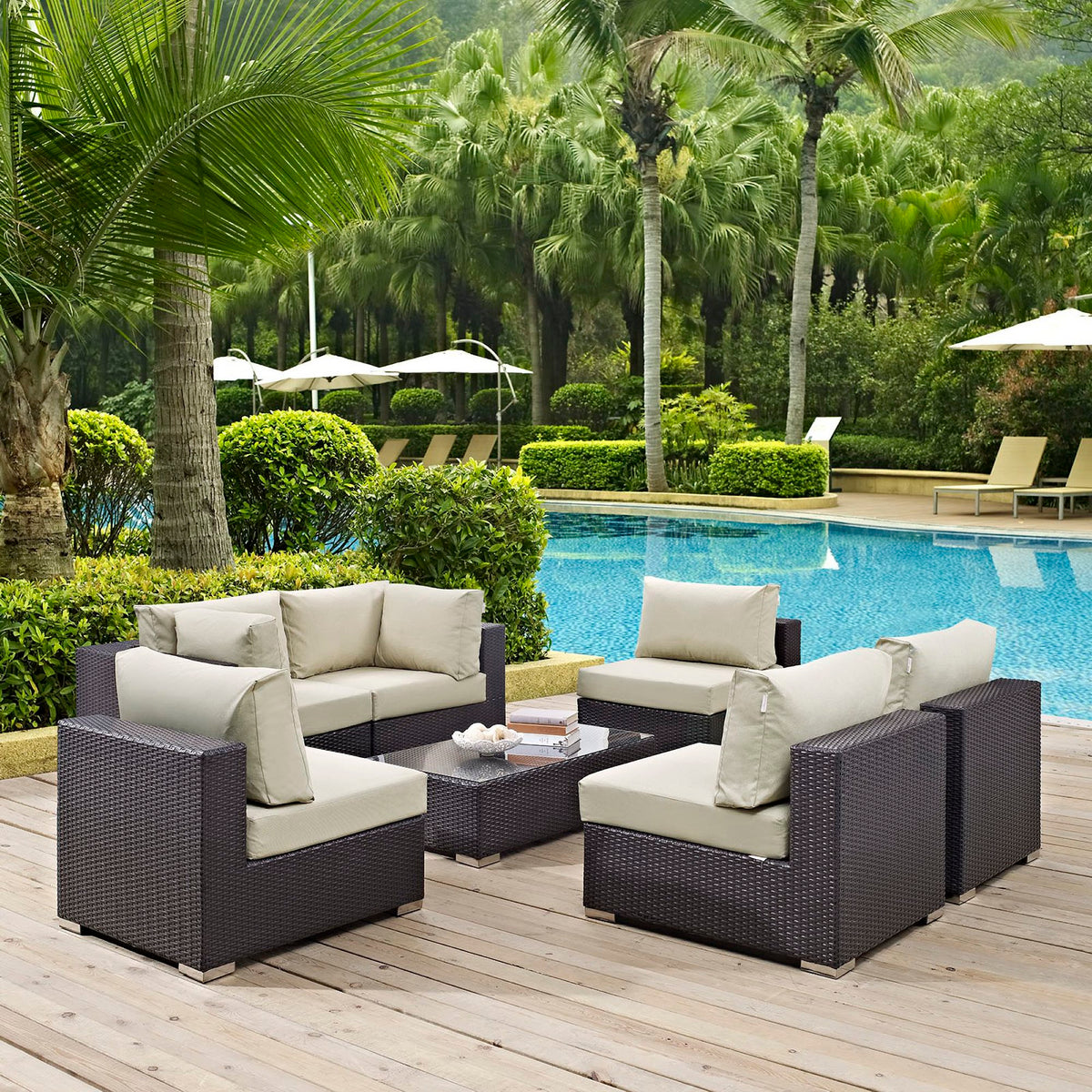 Convene 7 Piece Outdoor Patio Sectional Set - Espresso Beige (4 Armless, Coffee Table, 2 Corners)