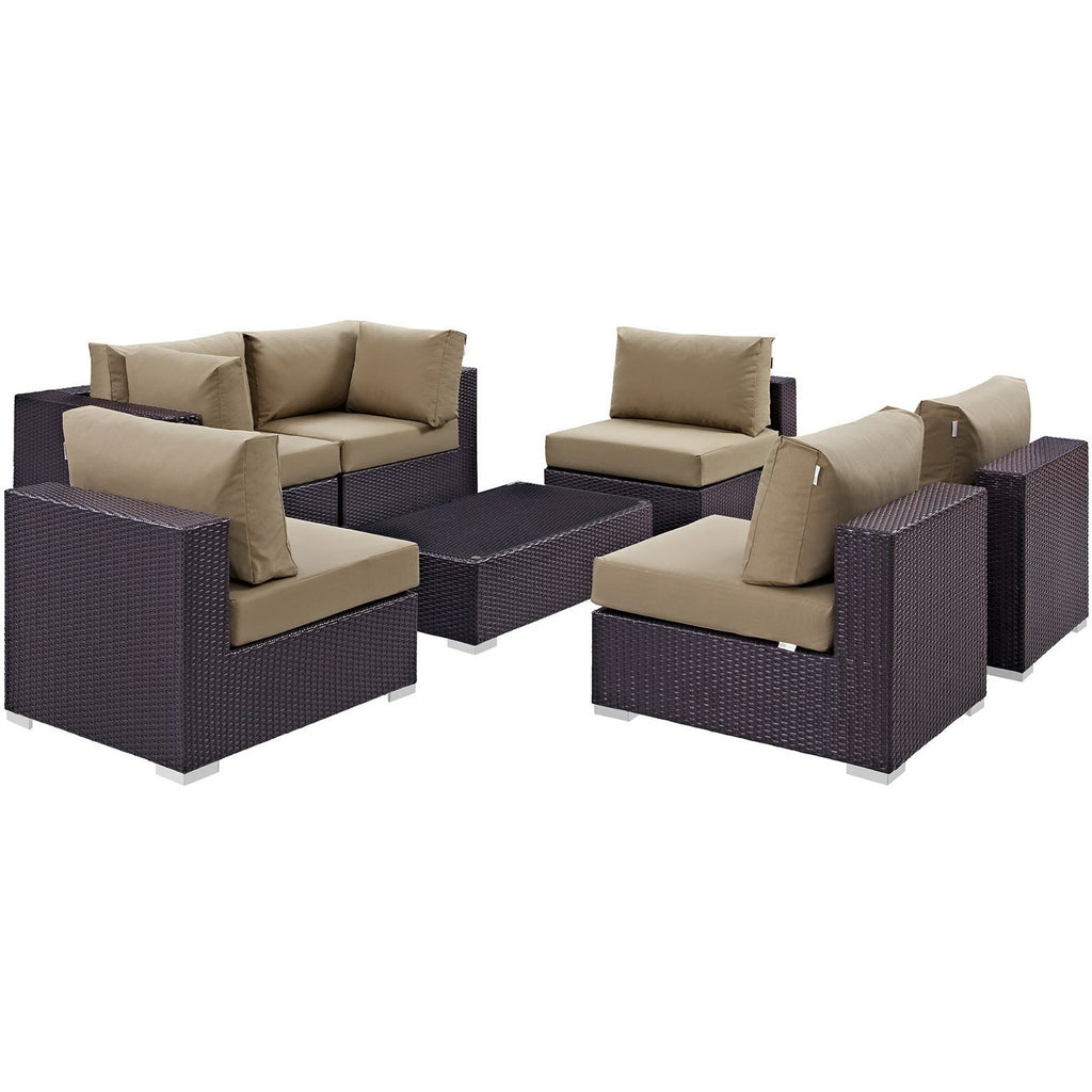 Convene 7 Piece Outdoor Patio Sectional Set - Espresso Mocha (4 Armless, Coffee Table, 2 Corners)