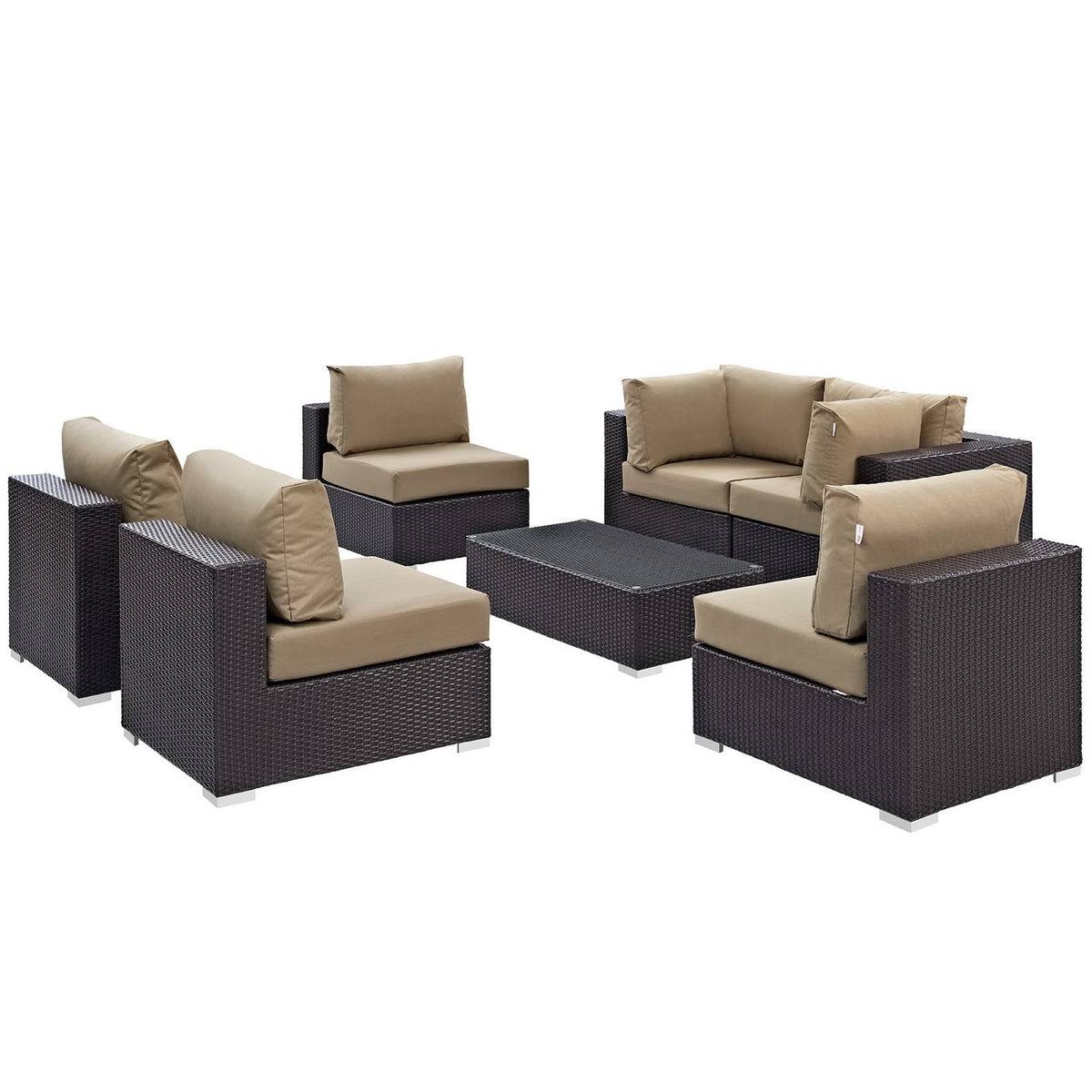 Convene 7 Piece Outdoor Patio Sectional Set - Espresso Mocha (4 Armless, Coffee Table, 2 Corners)