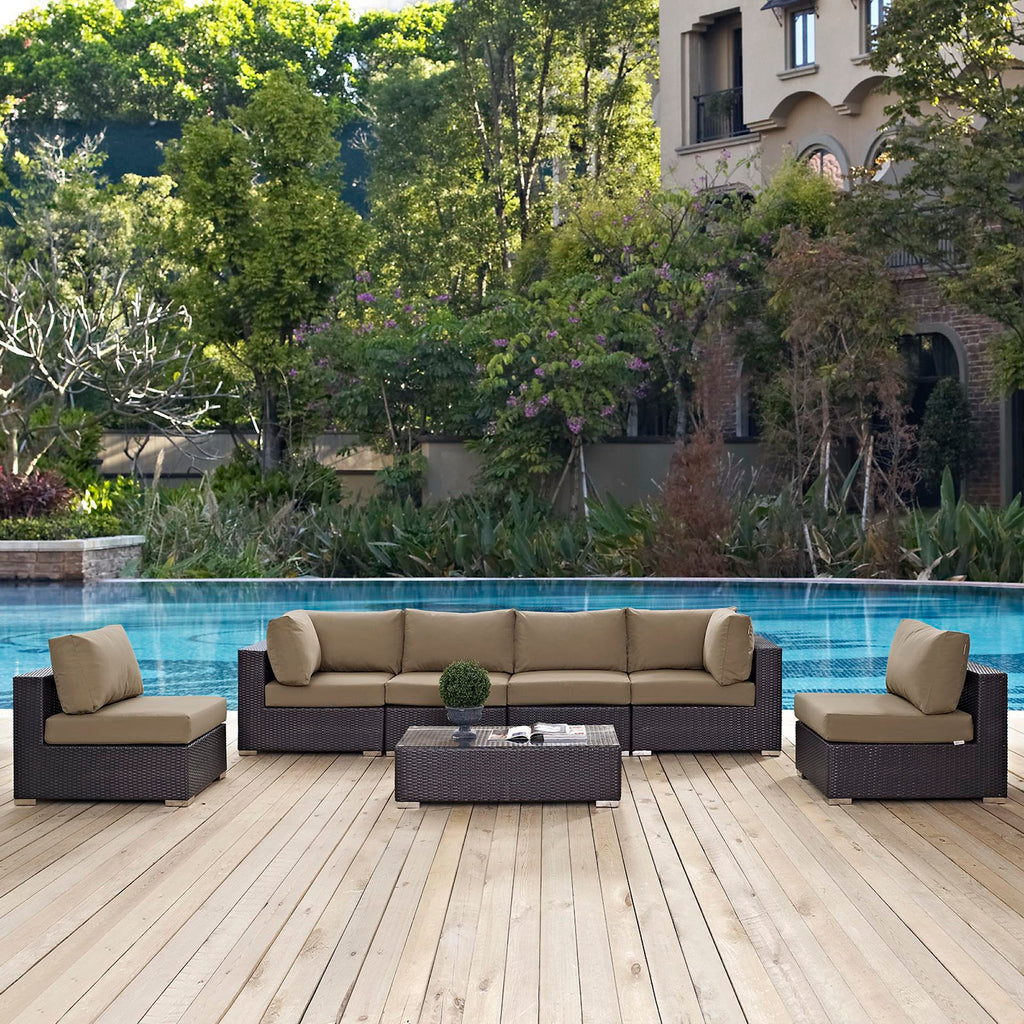 Convene 7 Piece Outdoor Patio Sectional Set - Espresso Mocha (4 Armless, Coffee Table, 2 Corners)