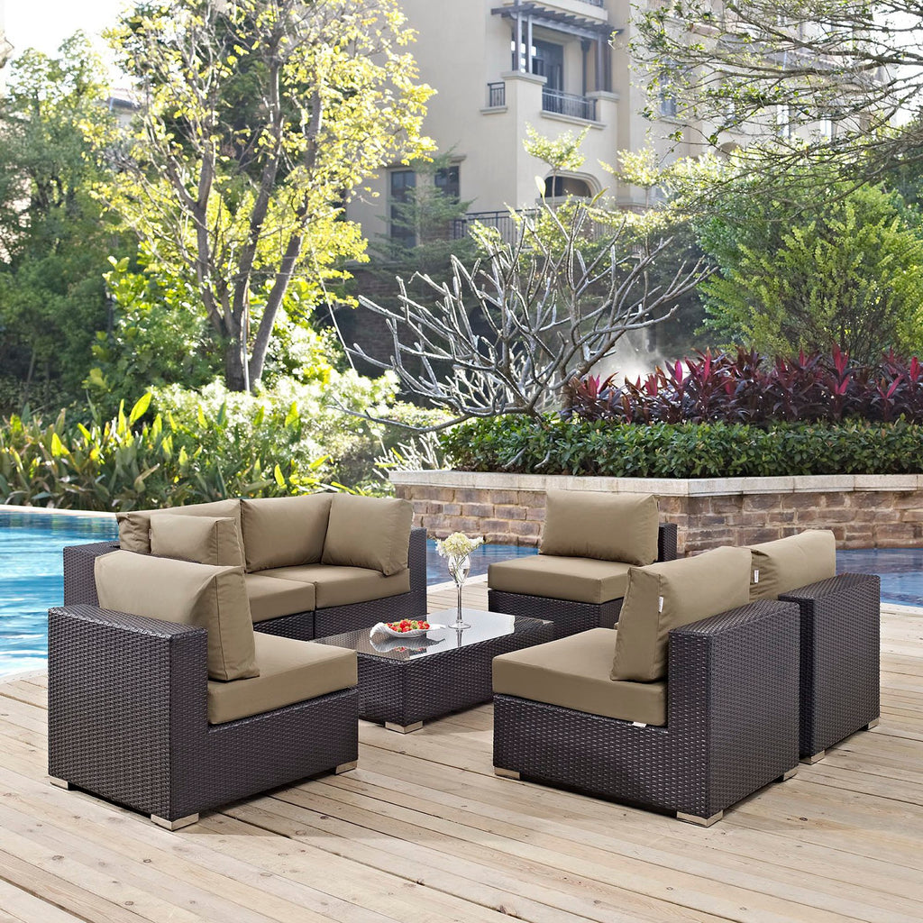 Convene 7 Piece Outdoor Patio Sectional Set - Espresso Mocha (4 Armless, Coffee Table, 2 Corners)