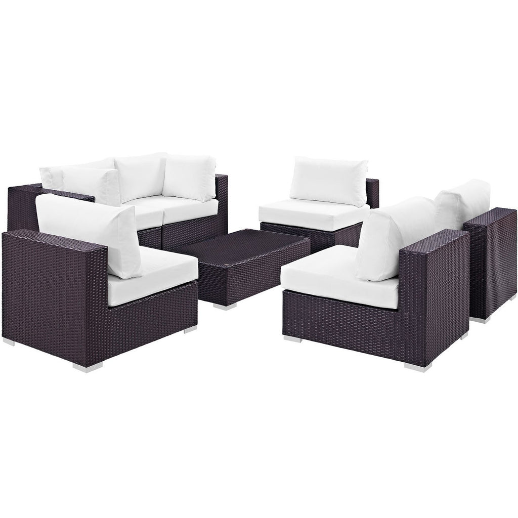 Convene 7 Piece Outdoor Patio Sectional Set - Espresso White (4 Armless, Coffee Table, 2 Corners)