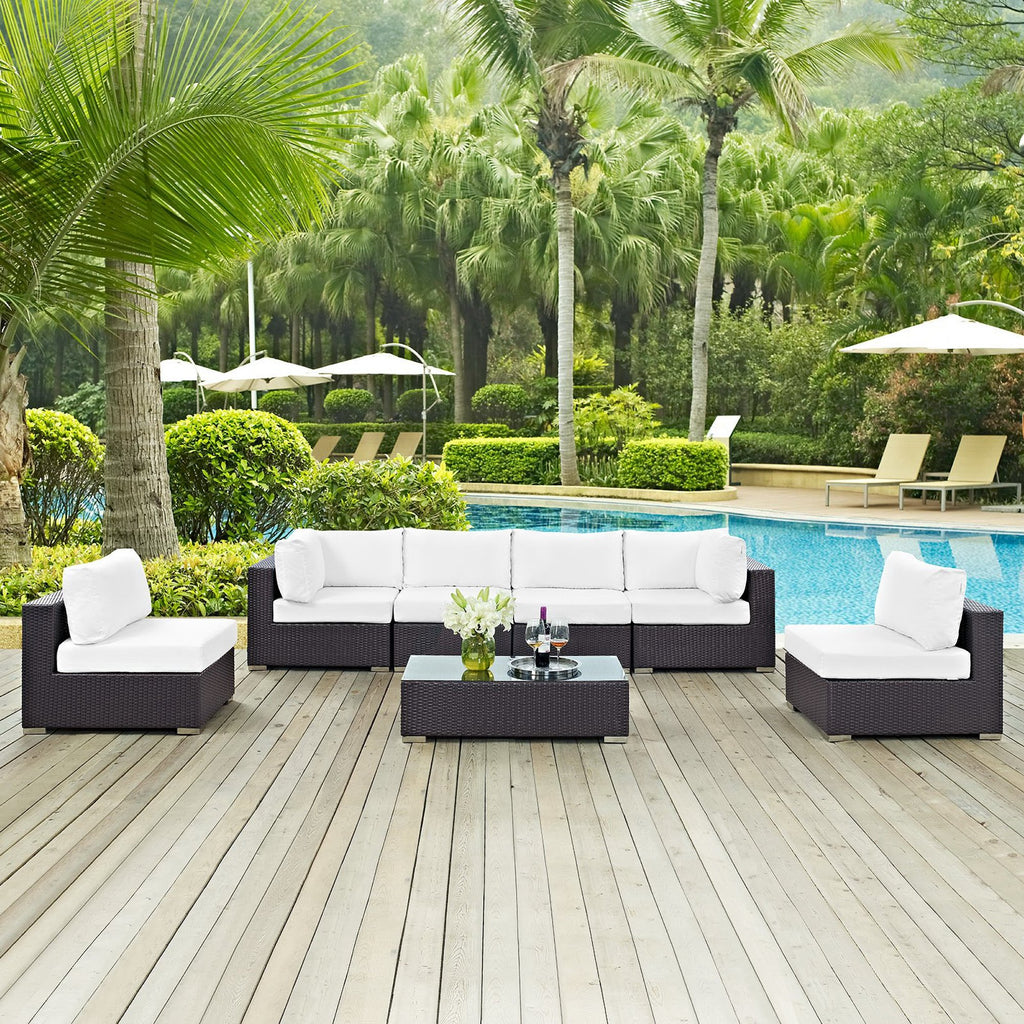 Convene 7 Piece Outdoor Patio Sectional Set - Espresso White (4 Armless, Coffee Table, 2 Corners)