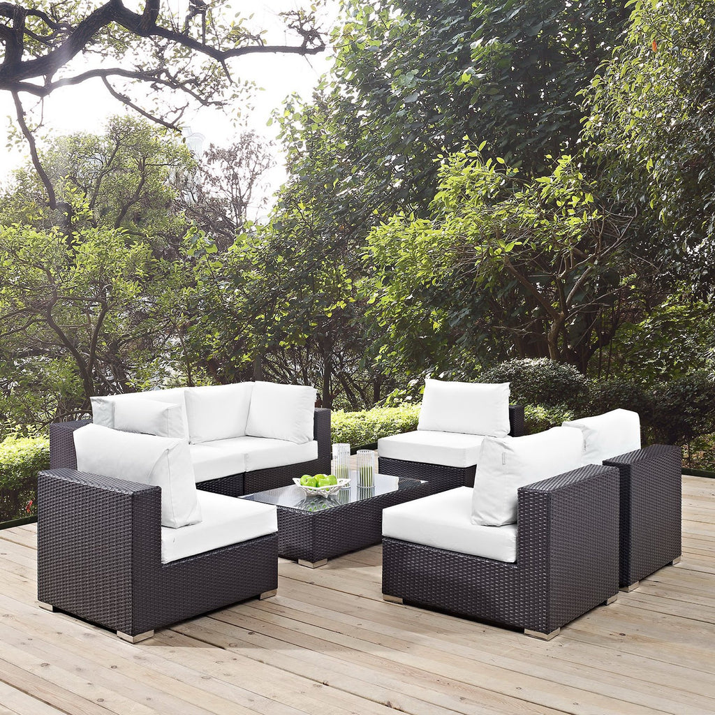 Convene 7 Piece Outdoor Patio Sectional Set - Espresso White (4 Armless, Coffee Table, 2 Corners)