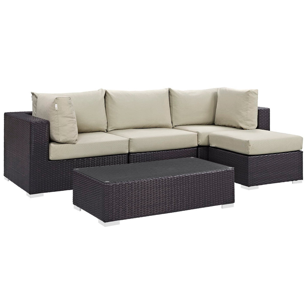 Convene 5 Piece Outdoor Patio Sectional Set - Espresso Beige (Armless, Coffee Table, 2 Corners, Ottoman)