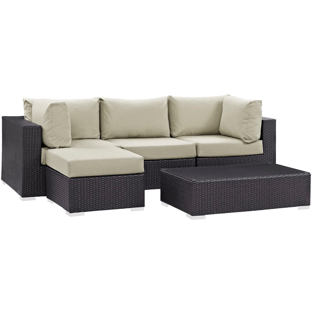Convene 5 Piece Outdoor Patio Sectional Set - Espresso Beige (Armless, Coffee Table, 2 Corners, Ottoman)