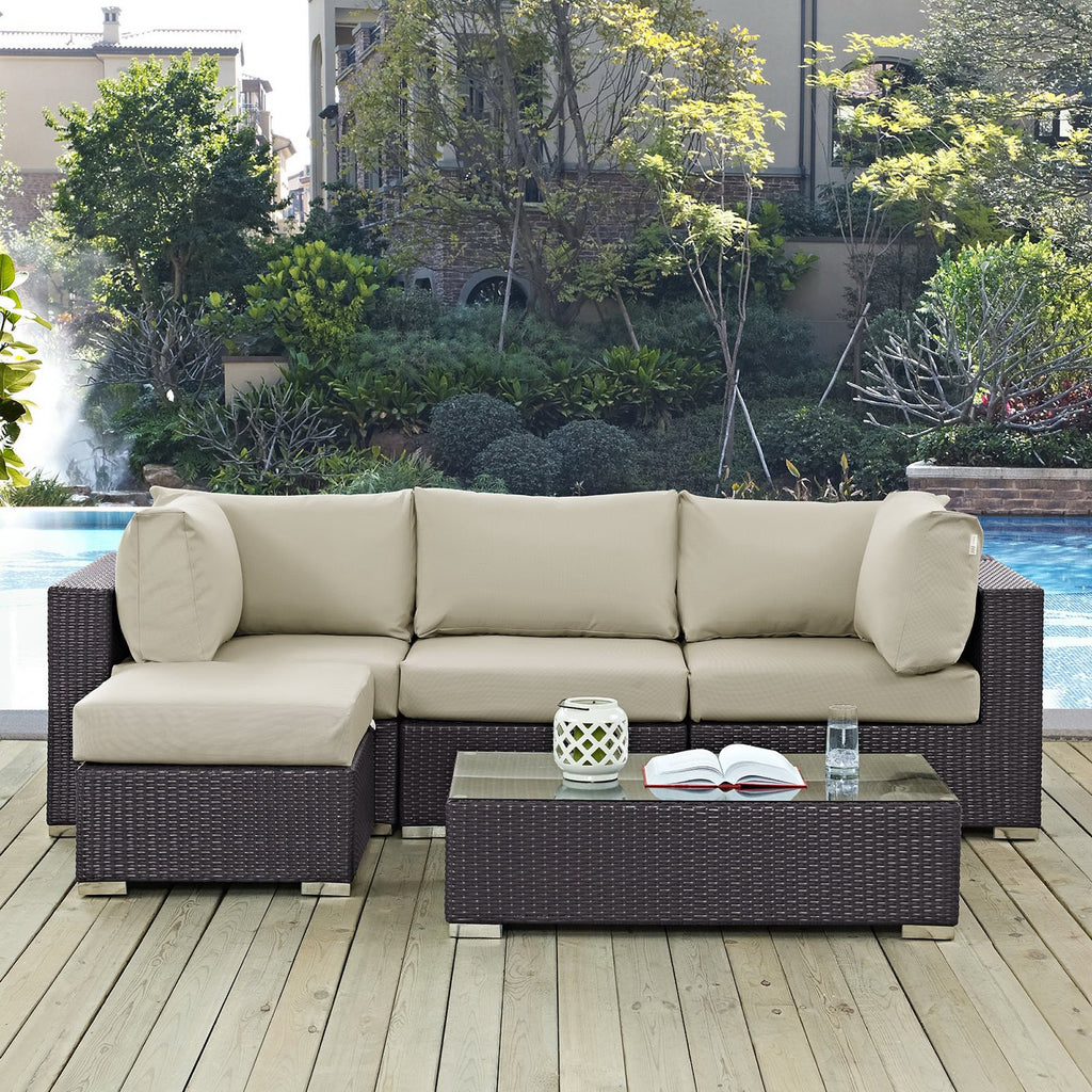 Convene 5 Piece Outdoor Patio Sectional Set - Espresso Beige (Armless, Coffee Table, 2 Corners, Ottoman)