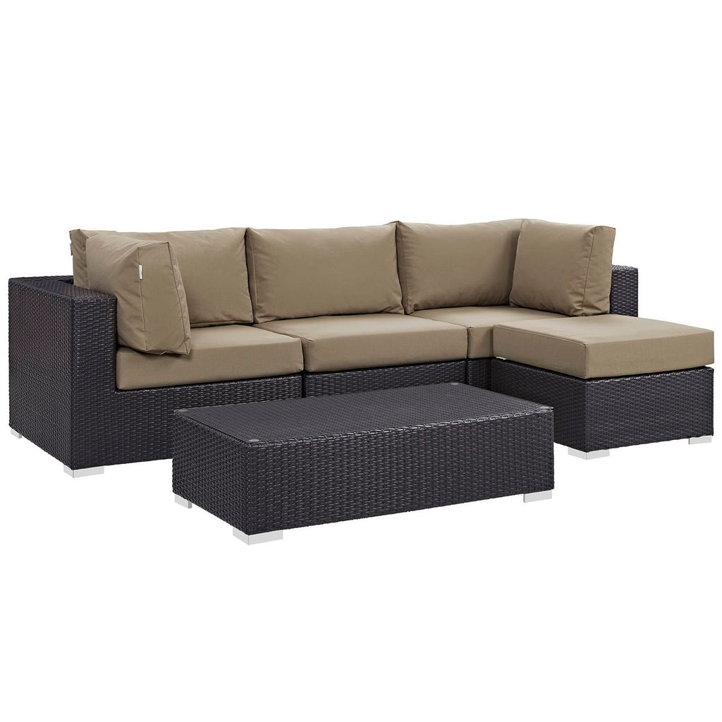Convene 5 Piece Outdoor Patio Sectional Set - Espresso Mocha (Armless, Coffee Table, 2 Corners, Ottoman)