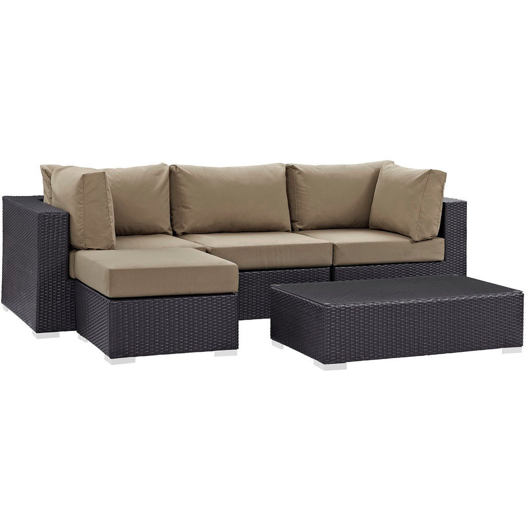 Convene 5 Piece Outdoor Patio Sectional Set - Espresso Mocha (Armless, Coffee Table, 2 Corners, Ottoman)