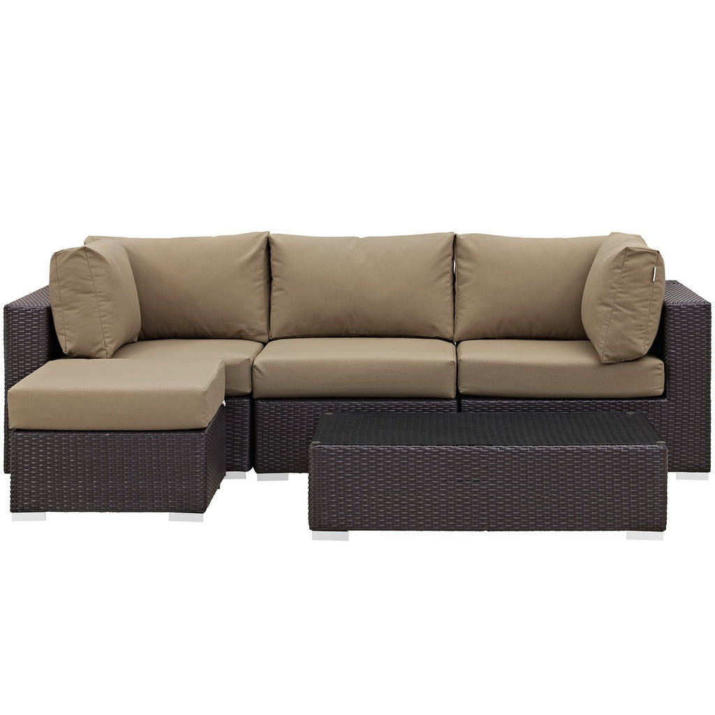 Convene 5 Piece Outdoor Patio Sectional Set - Espresso Mocha (Armless, Coffee Table, 2 Corners, Ottoman)