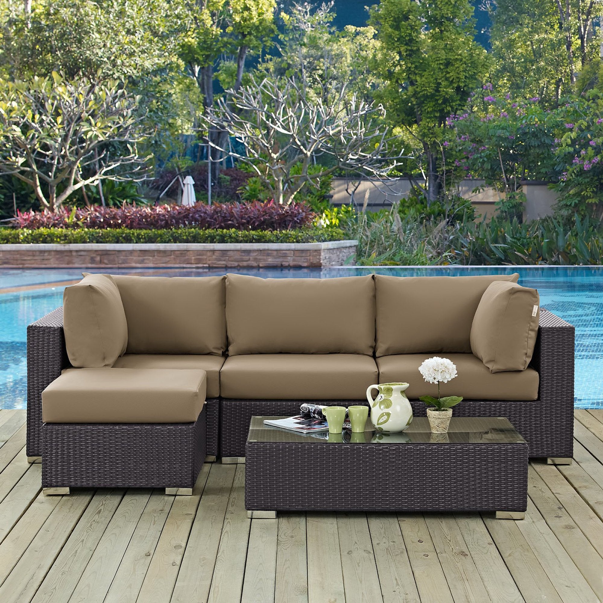 Convene 5 Piece Outdoor Patio Sectional Set - Espresso Mocha (Armless, Coffee Table, 2 Corners, Ottoman)