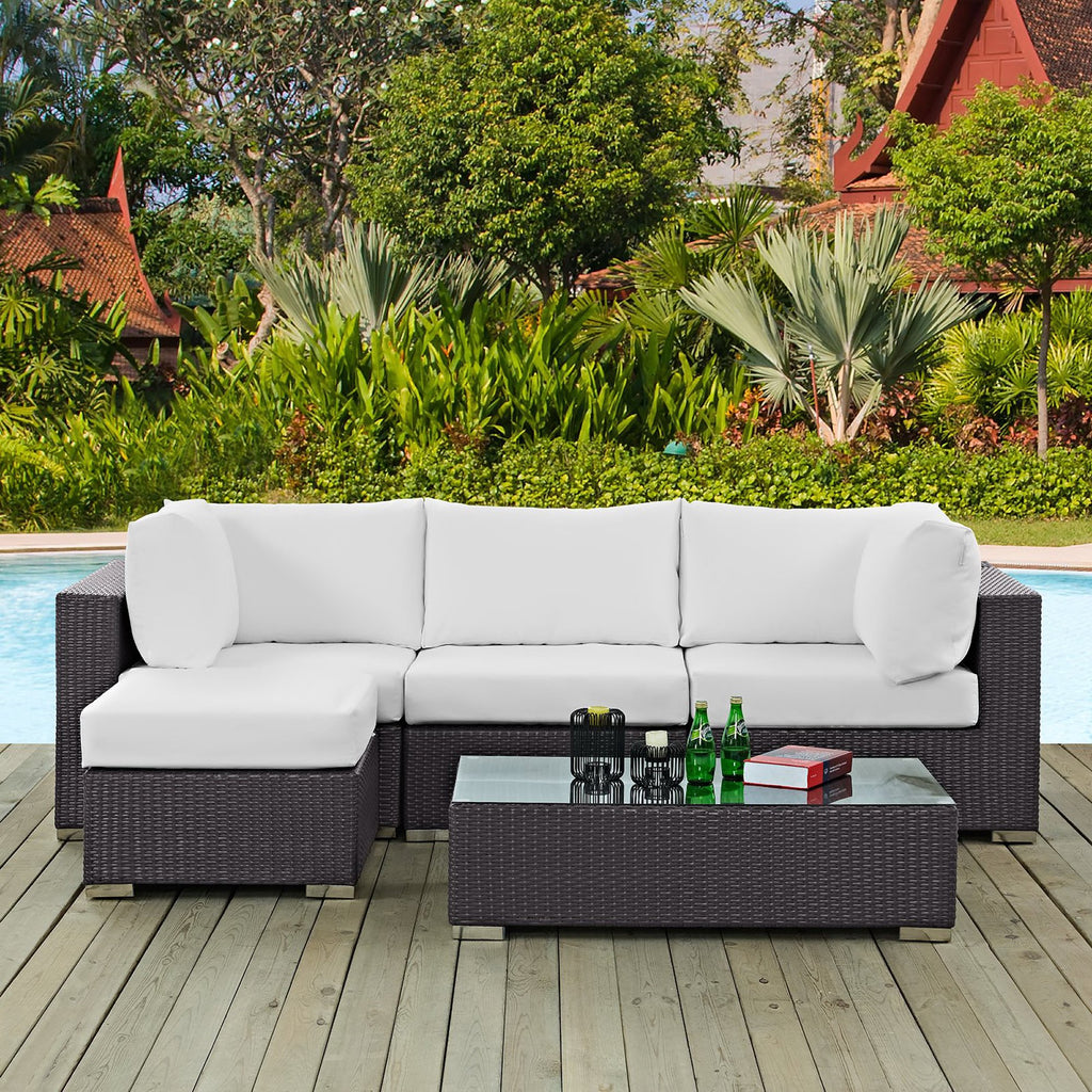 Convene 5 Piece Outdoor Patio Sectional Set - Espresso White (Armless, Coffee Table, 2 Corners, Ottoman)