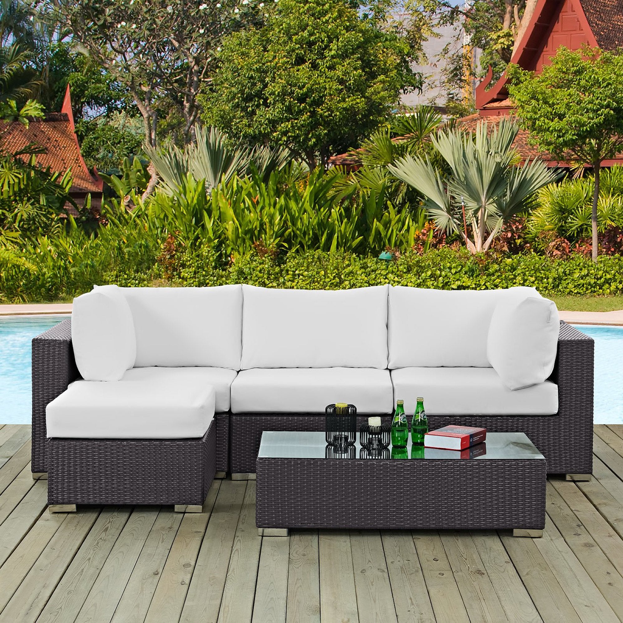 Convene 5 Piece Outdoor Patio Sectional Set - Espresso White (Armless, Coffee Table, 2 Corners, Ottoman)