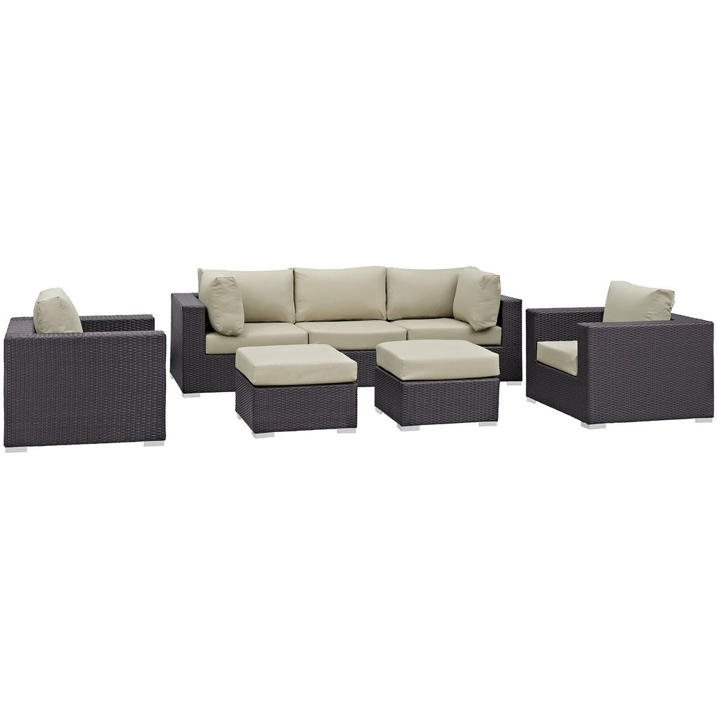 Convene 7 Piece Outdoor Patio Sectional Set - Espresso Beige (2 Sections, Armless Section, 2 Corner Sections, 2 Sections)
