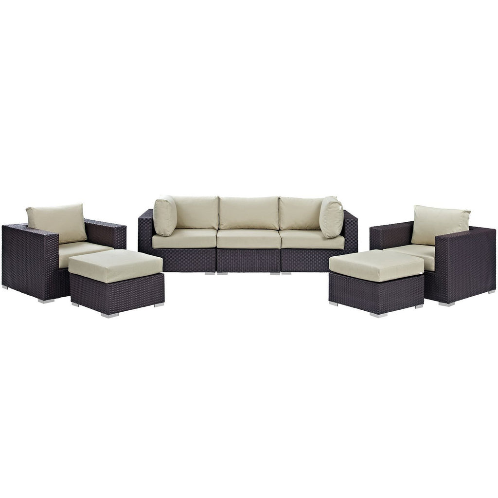 Convene 7 Piece Outdoor Patio Sectional Set - Espresso Beige (2 Sections, Armless Section, 2 Corner Sections, 2 Sections)
