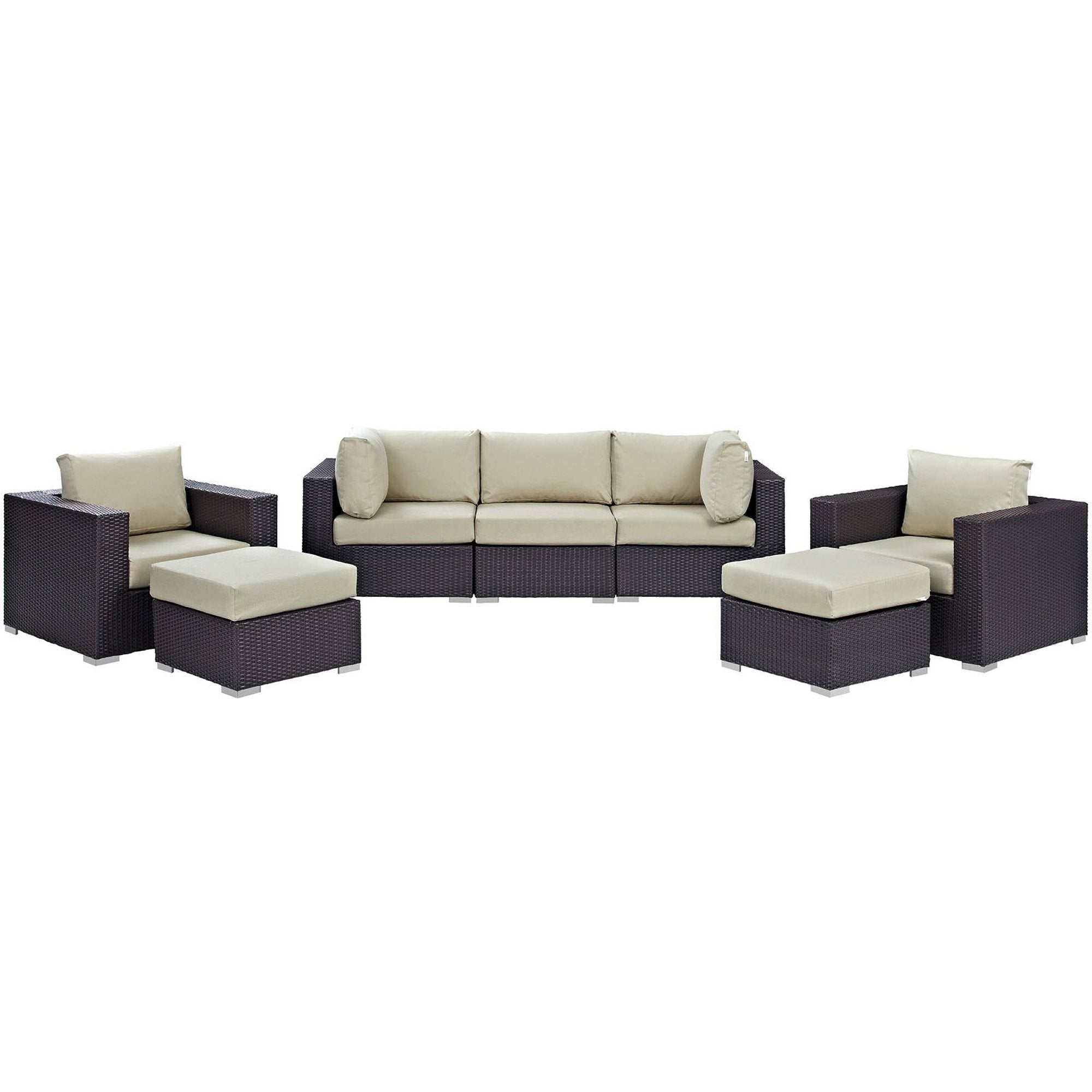 Convene 7 Piece Outdoor Patio Sectional Set - Espresso Beige (2 Sections, Armless Section, 2 Corner Sections, 2 Sections)
